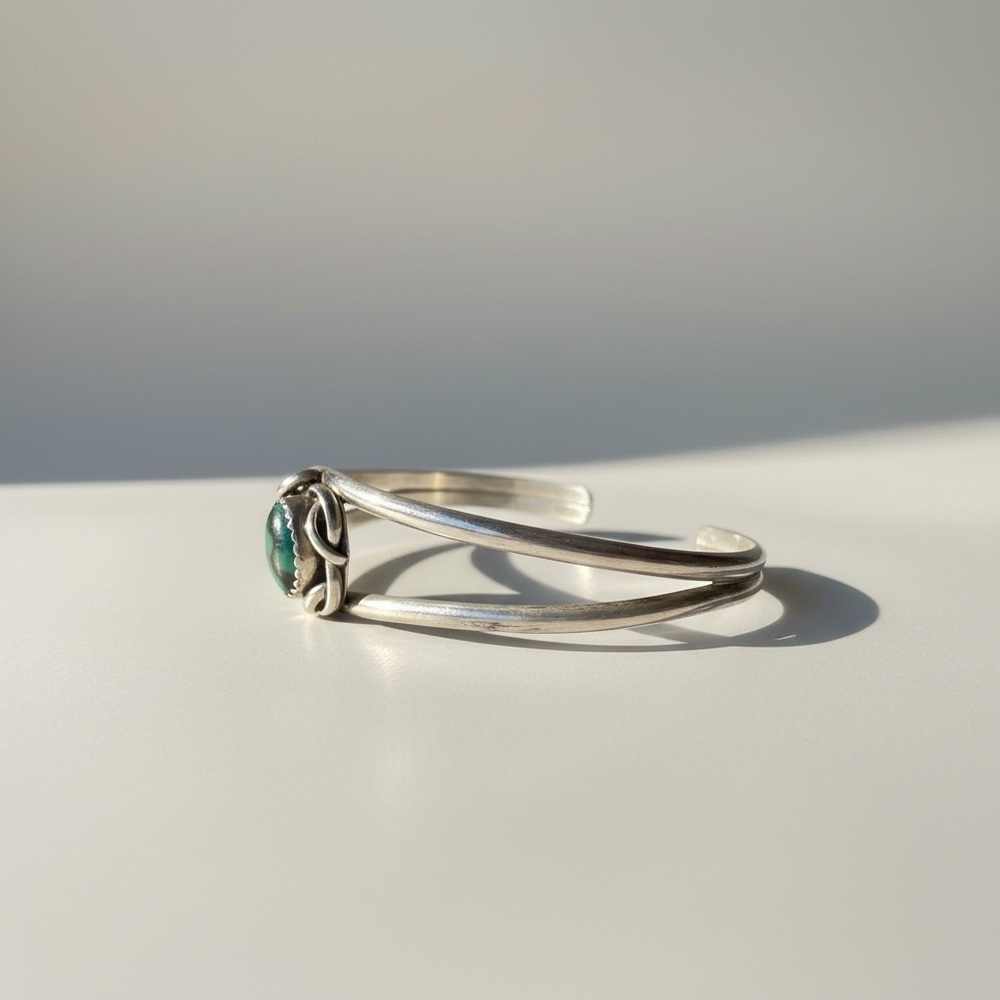 Sterling Silver Cuff Bracelet with Green Turquoise Accent - Picture 5 of 6